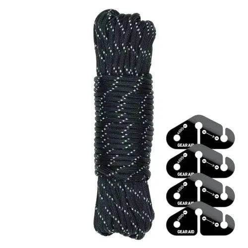 The Gear Aid Taut Line Kit includes a coiled black 550 paracord with white speckles and five black gear tags labeled "GEARAID," each showing a diagram for using the line tensioners with rope.