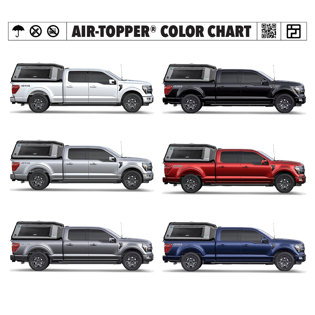 Six FLATED FULL-STANDARD MR66 AIR-TOPPER® inflatable truck shells in white, black, silver, red, gray, and blue display a color chart for your full-size truck bed, featuring weather icons and a QR code.