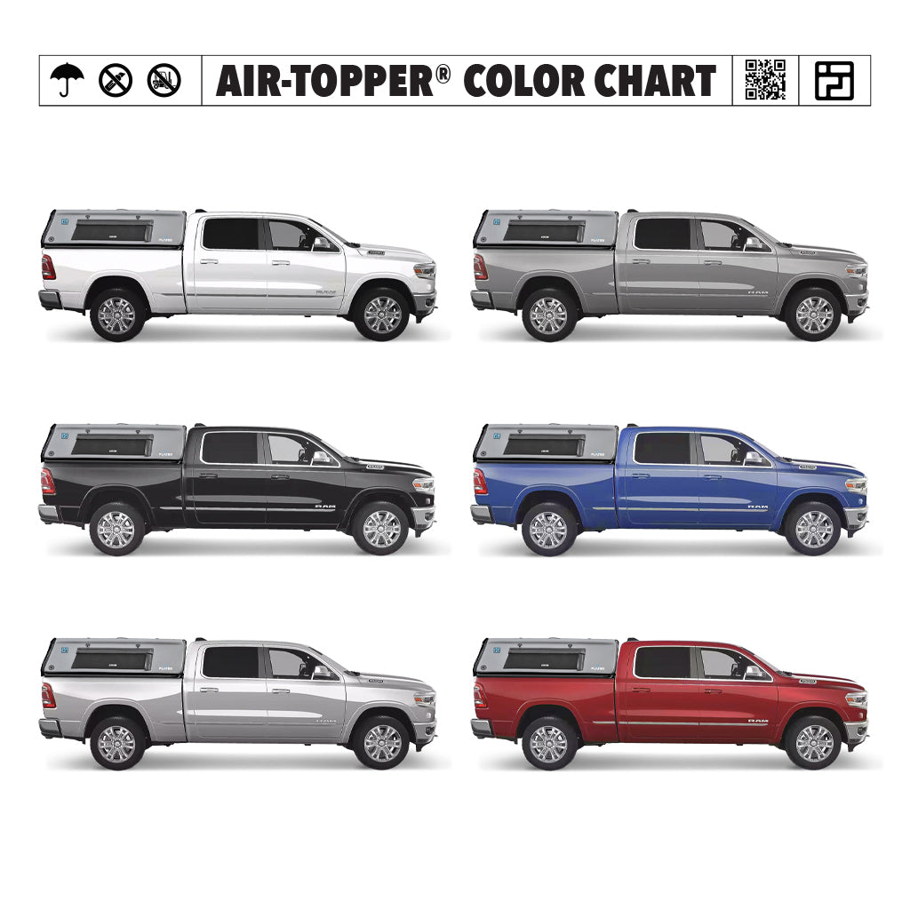 Six FLATED FULL-STANDARD DT CAP64 truck toppers are displayed in two rows, each in a different color: white, gray, black, blue, silver, and red. Title: “Air-Topper Color Chart.”.