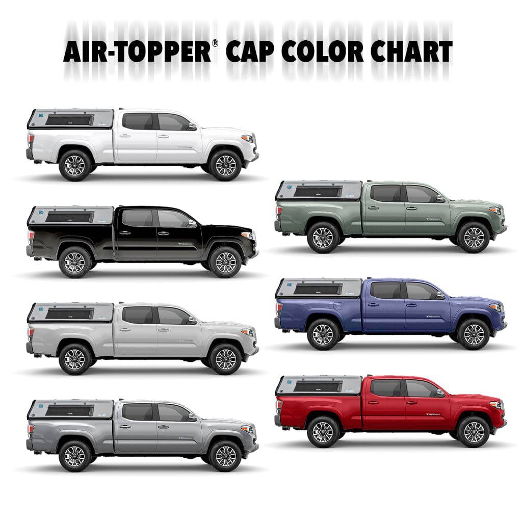 Eight FLATED MID-LONG CAP60 inflatable truck shells are shown side by side in various colors atop mid-size long bed trucks. The text above reads “Air-Topper Cap Color Chart.”.
