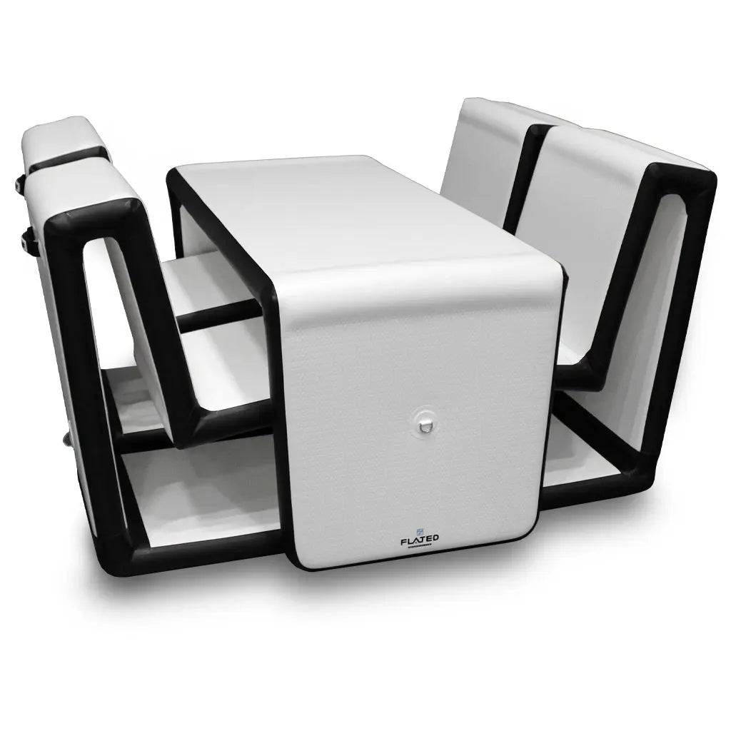 The FLATED MID-SIZE TABLE60 is a modern, minimalist black and white dining set with two benches. Its compact, integrated design makes it a perfect portable option for small spaces, featuring clean lines and geometric shapes.