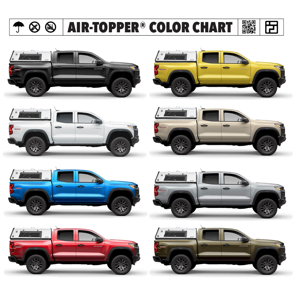 A chart displays eight FLATED FULL-STANDARD CAP66 pickup trucks with white camper tops—ideal with an inflatable cap or lightweight shell—in black, yellow, matte tan, brown, blue, silver, red, and khaki green, in two rows of four.