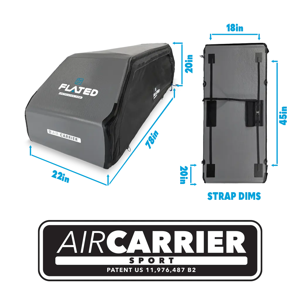 The FLATED SPORT CARRIER15 (OPEN BOX) rooftop cargo carrier in black and gray measures 78"x45"x20" overall, with a 22" wide front and 18" strap spacing. The Air Carrier Sport logo and patent info are visible—ideal for travel excursions.