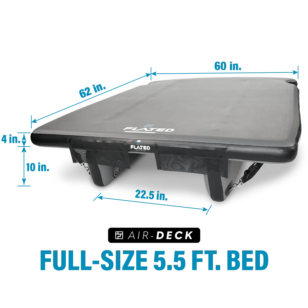 The FLATED FULL-SHORT DECK56 inflatable mattress fits a full-size 5.5 ft truck bed, measuring 60" wide, 62" long, and 4–10" high with 22.5" compartments—ideal for your mobile adventure rig.