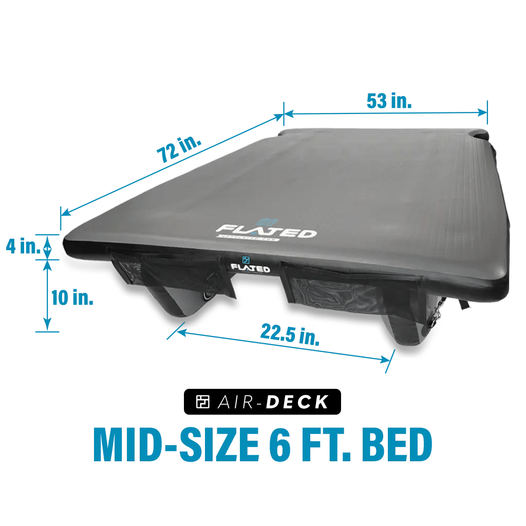 The FLATED MID-LONG DECK60 is a black inflatable Air-Deck truck bed cover, measuring 72"x53"x4" with a 10" side drop and 22.5" compartment depth—ideal for turning your rig into a mobile adventure hub. Text reads: MID-SIZE 6 FT. BED.