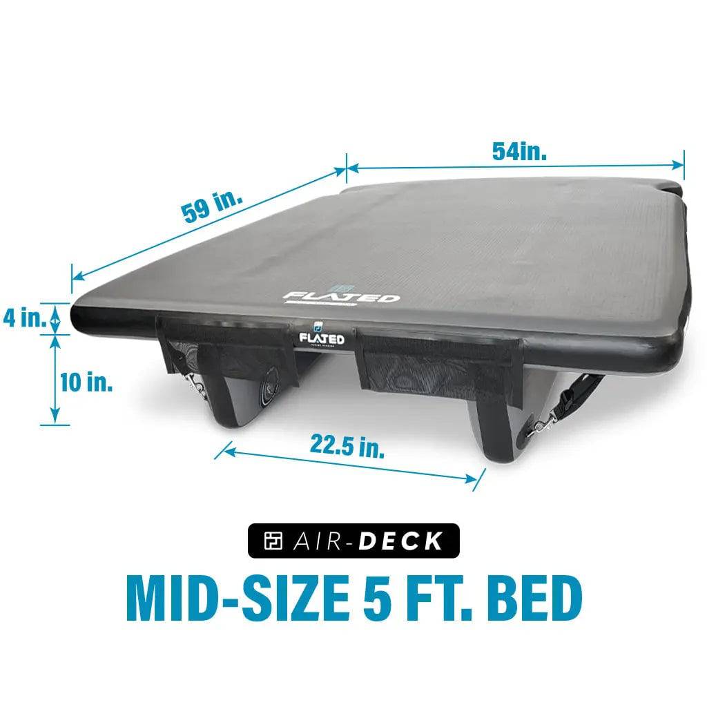 The FLATED MID-SHORT DECK50 (OPEN BOX) is an inflatable black Air-Deck for mid-size 5 ft truck beds, measuring 59" L x 54" W x 4" H with 22.5" between wheel well cutouts—ideal for mobile adventure rigs.