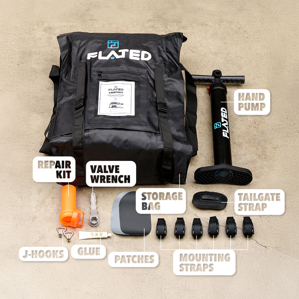 The FLATED MID-SHORT HR MR53 comes with tools and a pump, making it perfect for quickly setting up your inflatable truck shell or truck topper wherever you go.