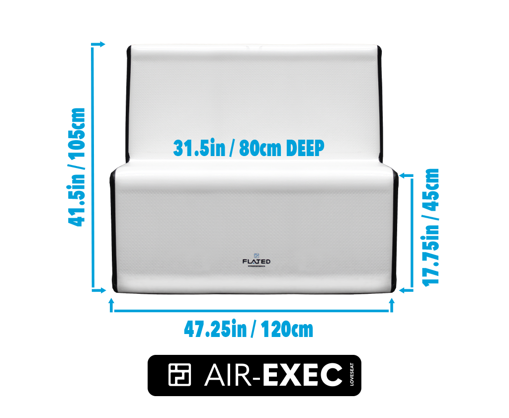 The FLATED MID-SIZE LOVESEAT is a white inflatable couch measuring 41.5in tall, 47.25in wide, and 31.5in deep, with a 17.75in high lower section and the FLATED logo on the seat—ideal as a portable outdoor loveseat.
