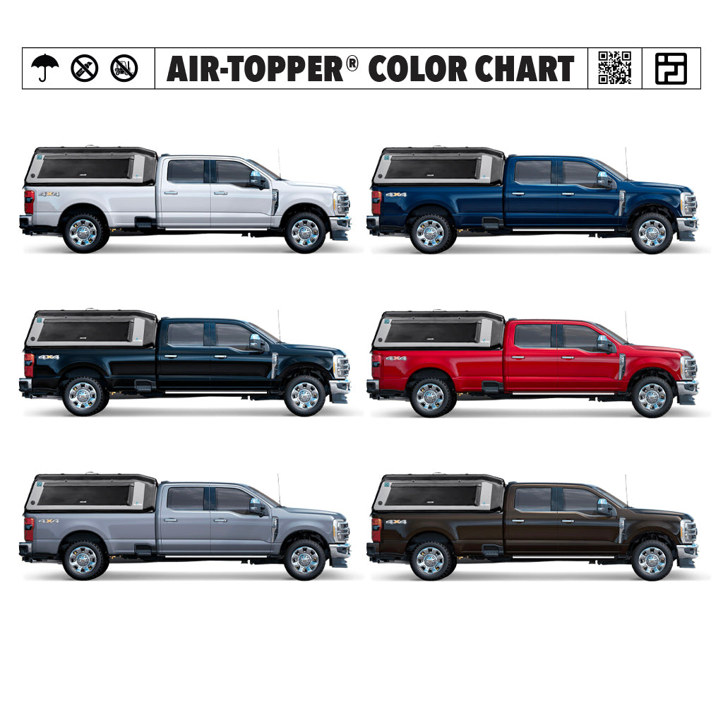 Six FLATED FULL-LONG MR80 AIR-TOPPER inflatable truck shells in white, blue, dark blue, red, gray, and brown are displayed on full-size pickup trucks in two neat rows against a white background.