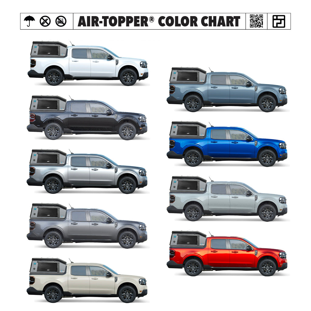 A color chart shows eight pickup trucks with black FLATED COMPACT-MAVERICK MR46 Air-Toppers in shades like white, black, gray, silver, blue, forest green, and red—perfect for those wanting an inflatable truck shell or Honda Ridgeline bed shell.