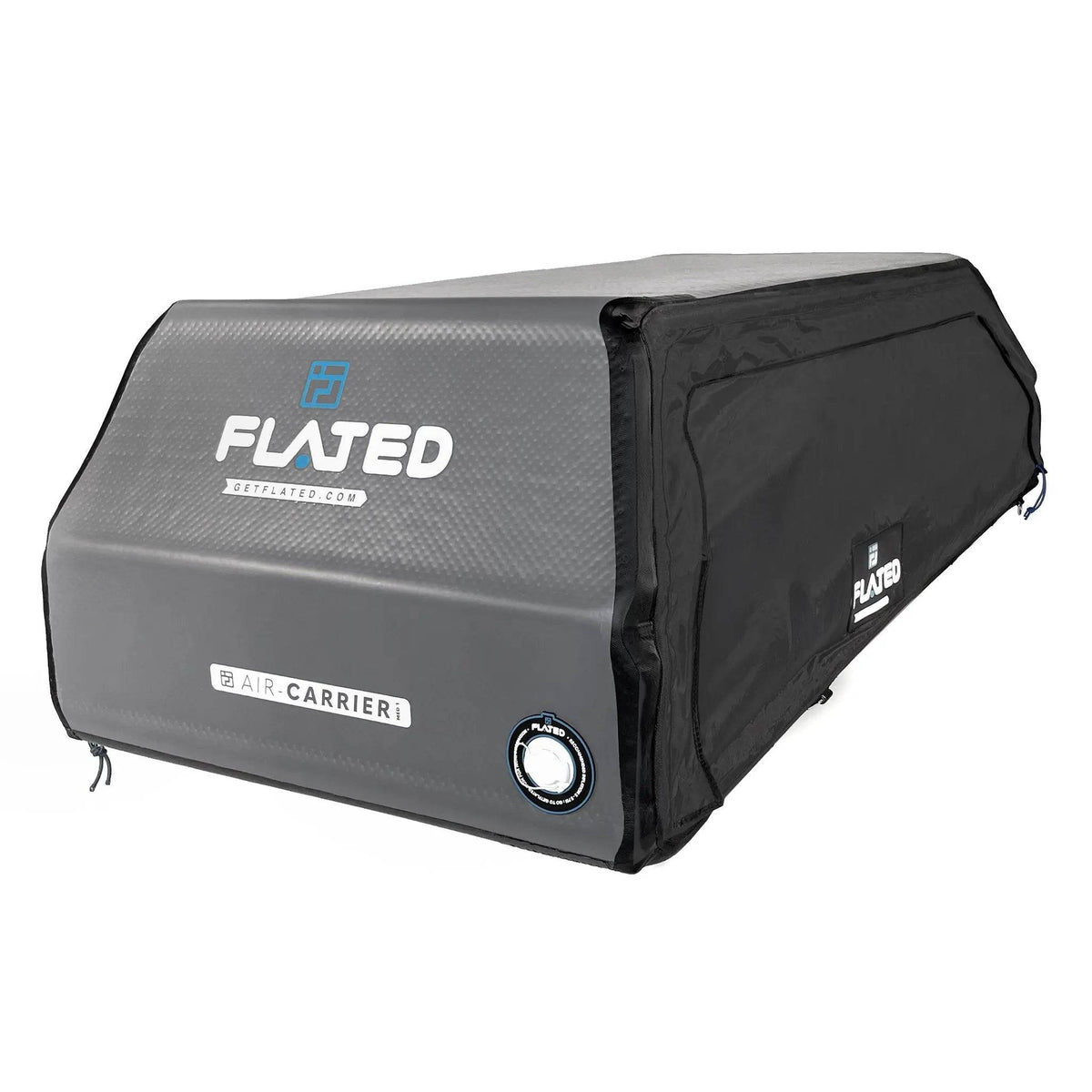 The FLATED SPORT CARRIER15 (OPEN BOX) is a gray, rectangular inflatable rooftop cargo carrier with black side panels and a round air valve, ideal for storing gear during your travels.