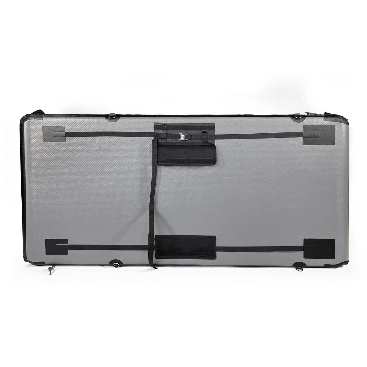 The FLATED SPORT CARRIER15 (OPEN BOX) is a large, rectangular silver and black carrying case with black handles and straps, perfect for gear storage during travel, shown lying flat on a white background.