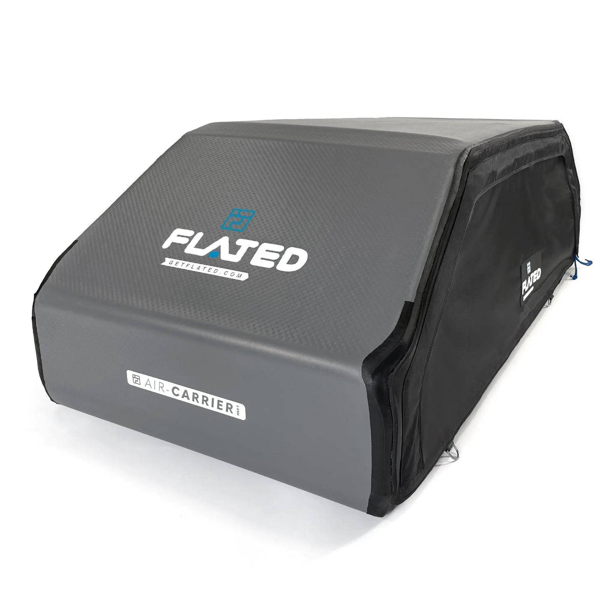 The FLATED SPORT CARRIER15 (OPEN BOX) is a gray and black soft-sided rooftop cargo carrier with visible branding, ideal for secure gear storage during travel, shown against a white background.