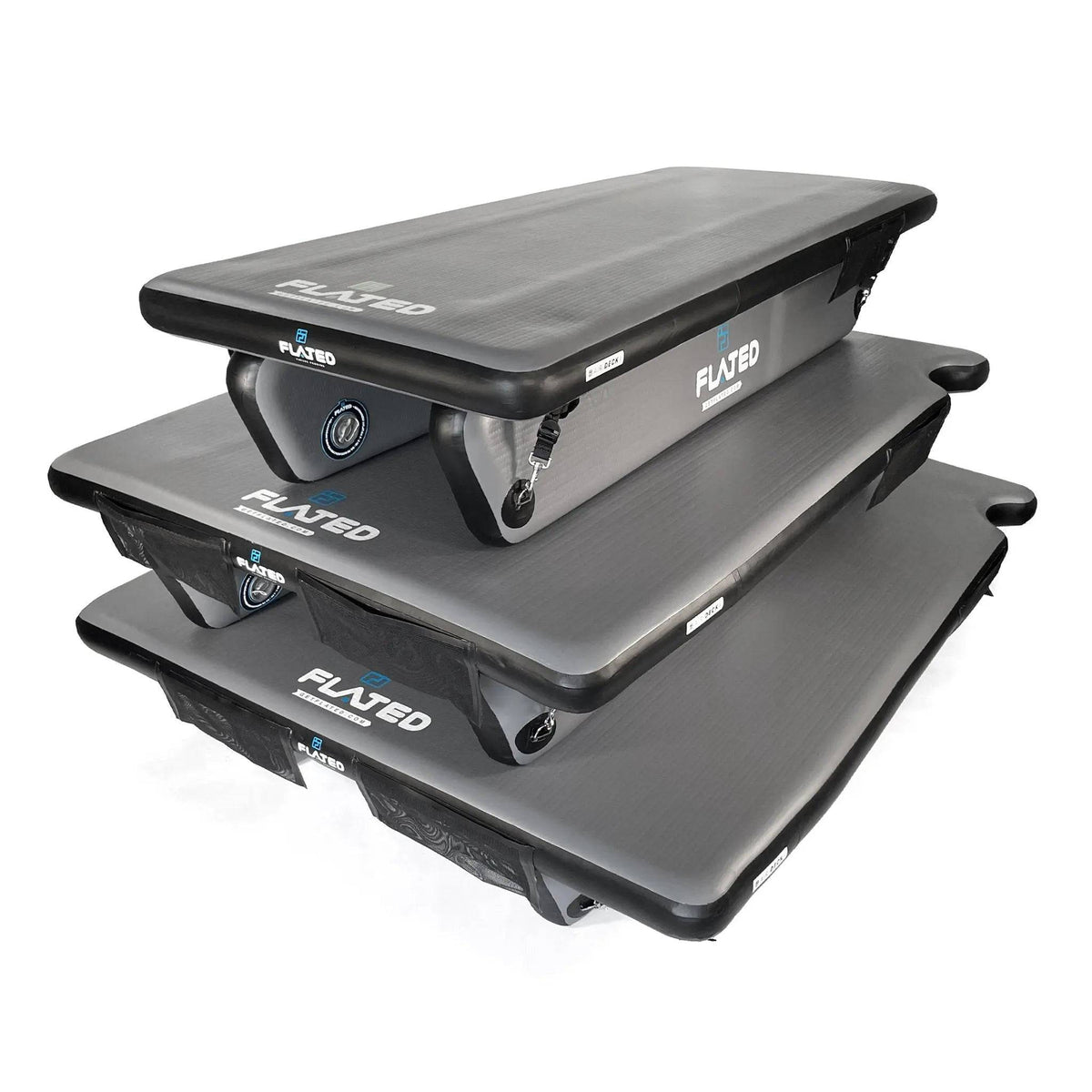 Three stacked FLATED FULL-SHORT DECK56 inflatable gray mats with black edges and branding, designed as a sturdy truck bed platform or for mobile adventures, featuring visible air valves for durable outdoor versatility.