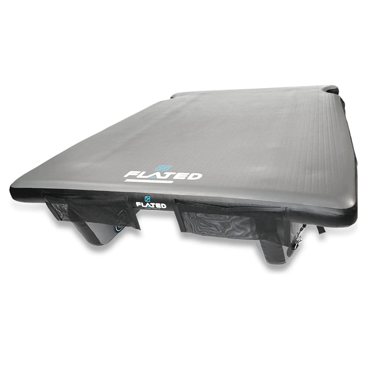 The FLATED FULL-SHORT DECK56 is a black inflatable rooftop cargo carrier with side storage pockets and the FLATED logo on top, shown on a white background. Ideal for your adventure rig, its rectangular shape maximizes storage space.
