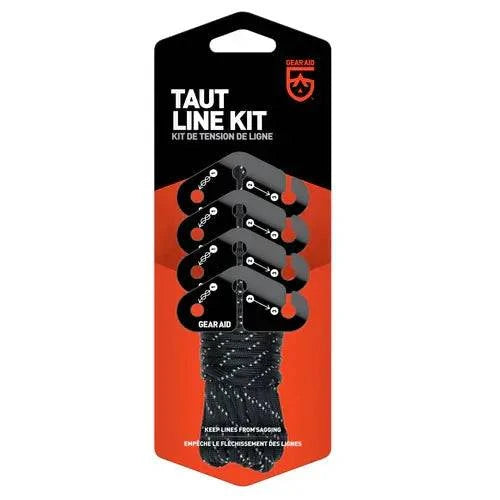 Gear Aid’s Taut Line Kit features five black line tensioners and a bundle of 550 paracord with white flecks, perfect for securing lines. The packaging shows English and French text.