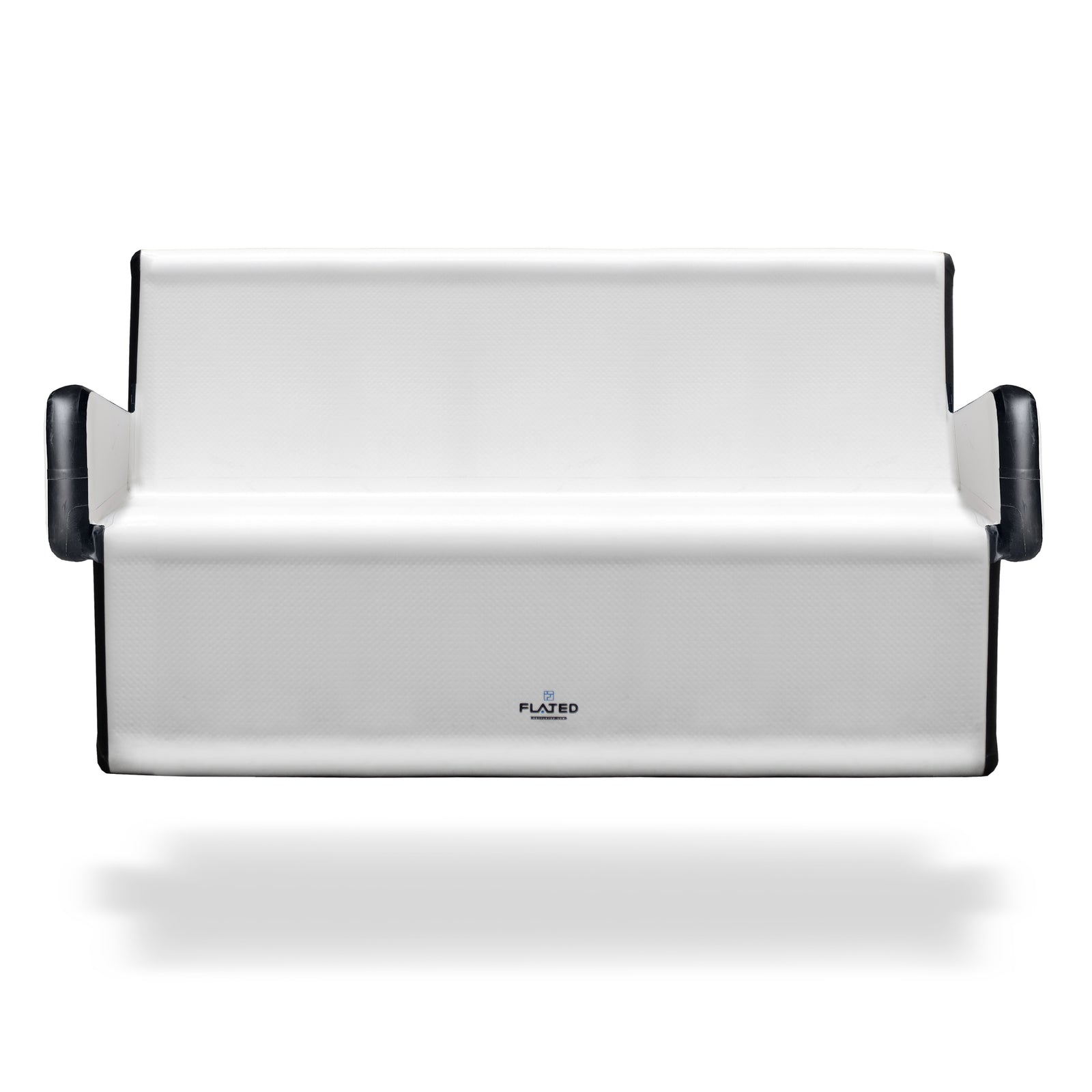 A modern white FULL-SIZE COUCH by FLATED with black armrests and edges, minimalistic design, and subtle textured pattern—ideal as portable outdoor furniture.