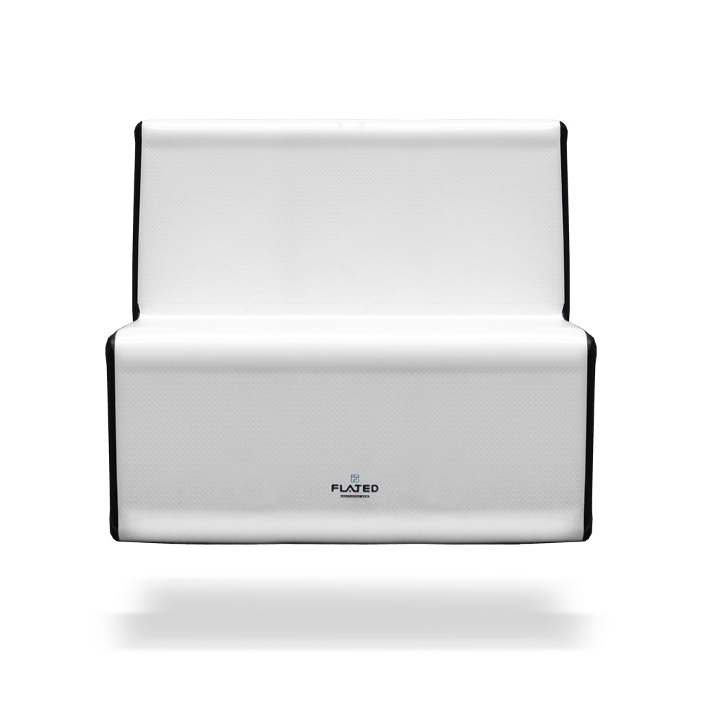 The FLATED MID-SIZE LOVESEAT (OPEN BOX) is a white inflatable loveseat with a high backrest, black trim, and the FLATED logo in blue and black on the front. Perfect for portable furniture or outdoor seating.