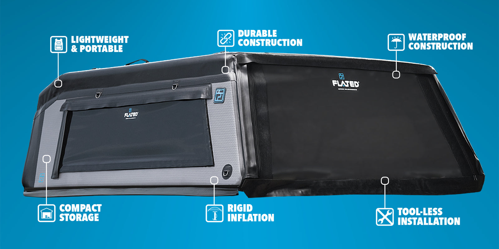 A black and gray inflatable truck bed cover is shown with labeled features: lightweight & portable, compact storage, durable construction, rigid inflation, waterproof construction, and tool-less installation.
