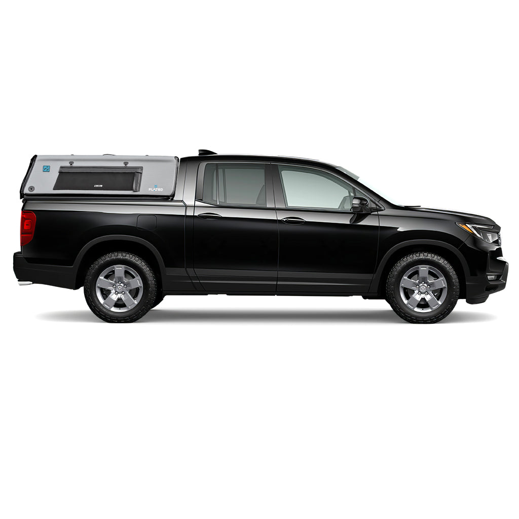 A FLATED MID-SHORT HR CAP53 white pickup truck topper with a rectangular side window, black trim, and branded for outdoor use. This gray camper shell installs easily over the bed without tools.