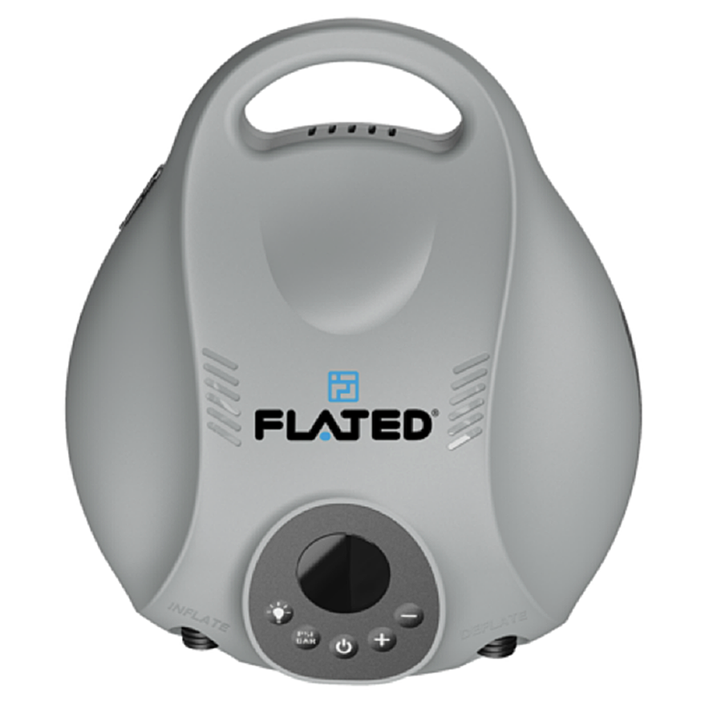 The FLATED BATTERY PUMPLI (Open Box) is a gray, portable air pump with a top handle and labeled control panel featuring buttons, a circular display, and inflate/deflate options for easy, versatile inflation.