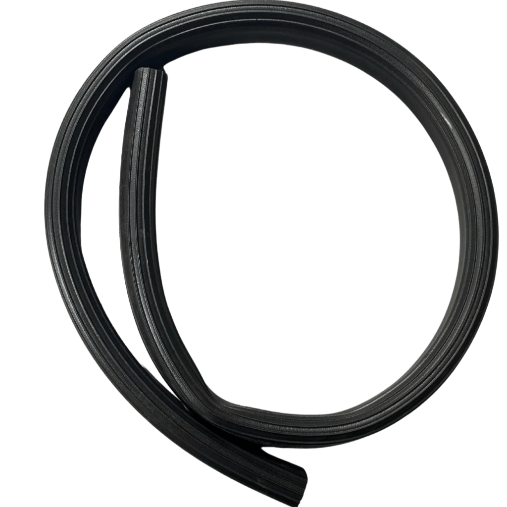 The FLATED Bulb Seal for Flated Air Toppers, a black rubber weather-resistant topper seal, is shown coiled into a loose spiral on a white background.