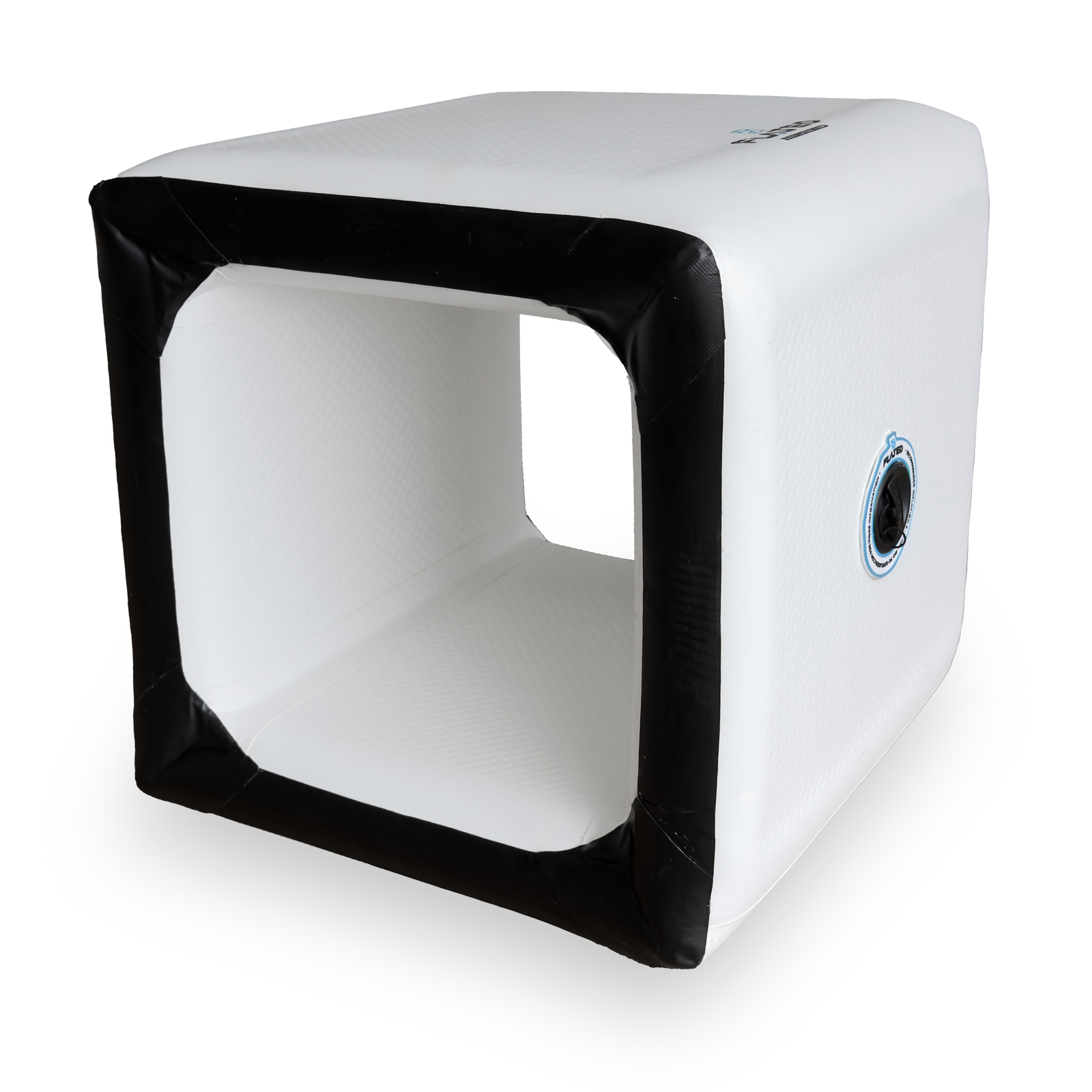 The FLATED COMPACT SIDE-TABLE is a large, white inflatable cube with open sides and black reinforced edges, featuring a round air valve—perfect for portable, versatile outdoor use.