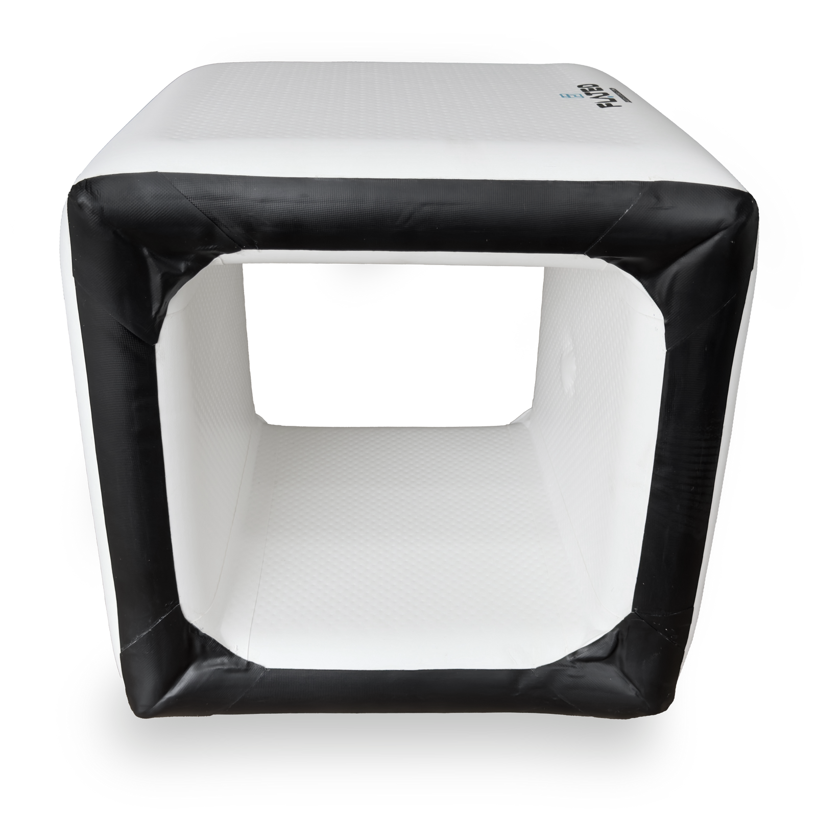 The FLATED COMPACT SIDE-TABLE is a large, white inflatable cube with open sides and black reinforced edges, featuring a round air valve—perfect for portable, versatile outdoor use.