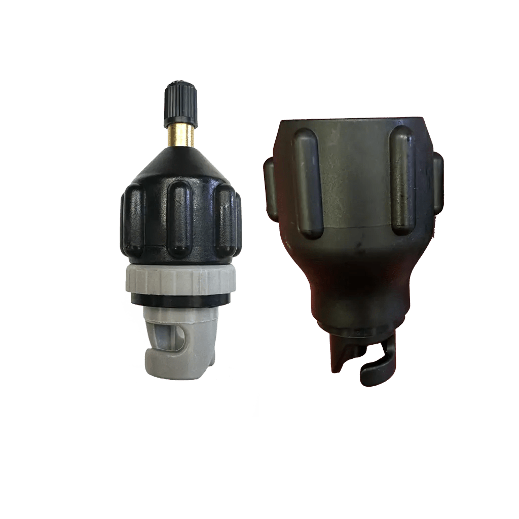 The FLATED VALVE ADAPTOR is a black and gray tire valve with a high-pressure connector and gauge showing green, yellow, and red air pressure zones, all isolated on a white background.