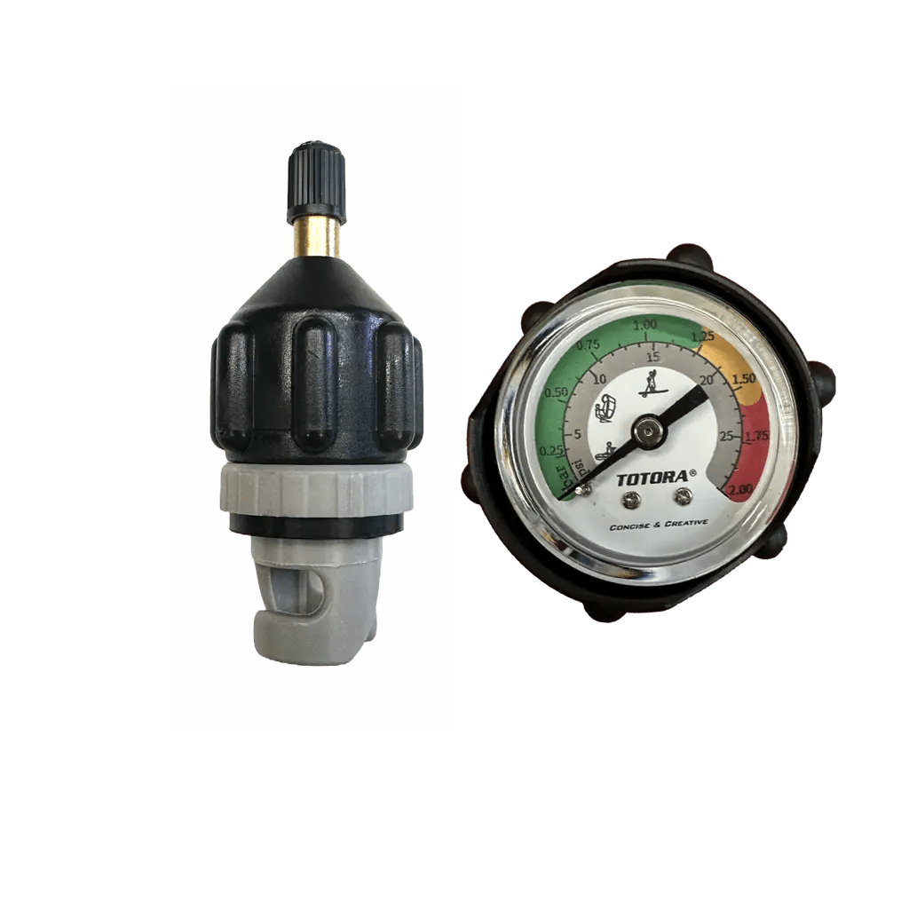 The FLATED VALVE ADAPTOR is a black and gray tire valve with a high-pressure connector and gauge showing green, yellow, and red air pressure zones, all isolated on a white background.