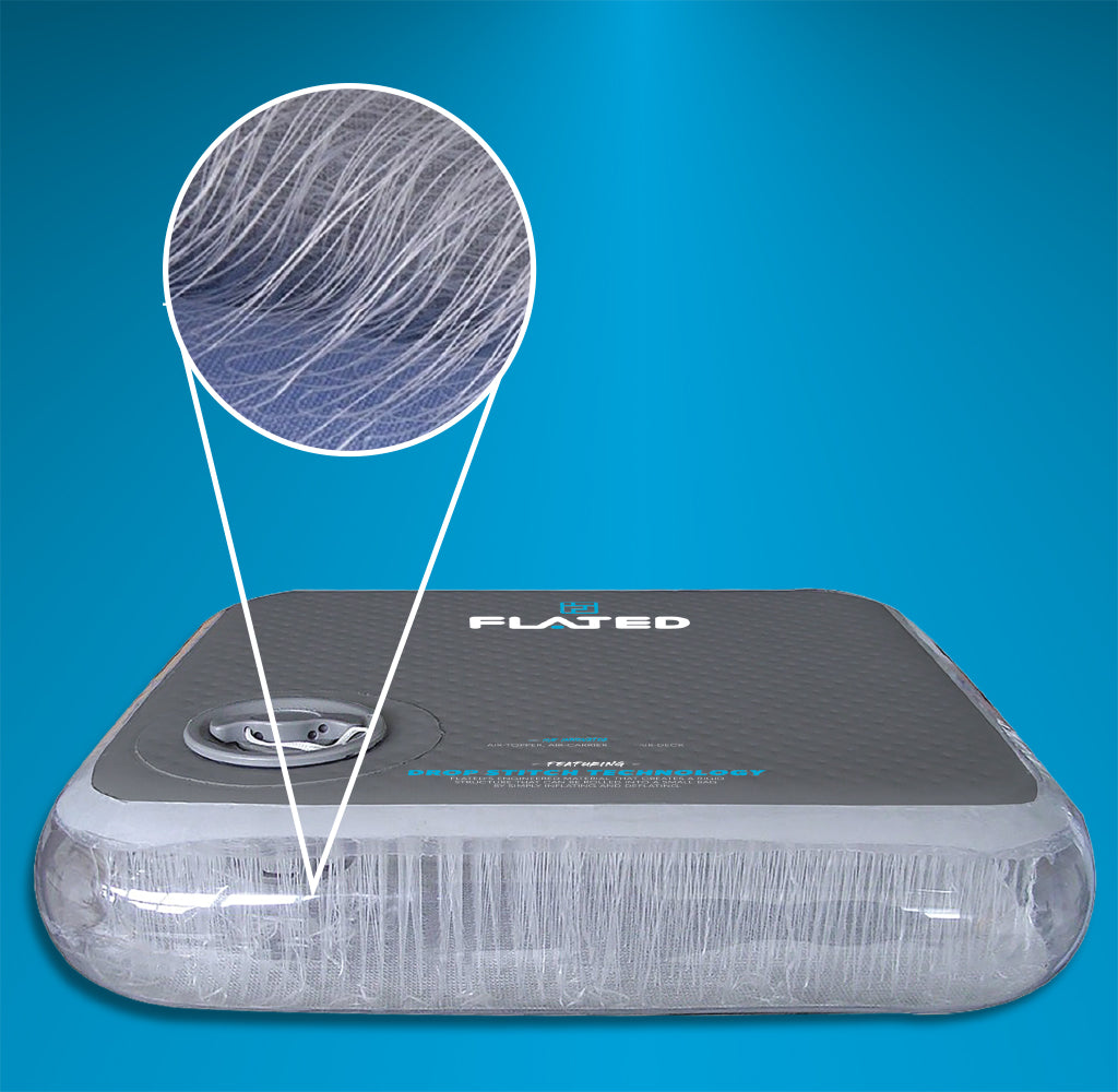 A rectangular inflatable cushion with transparent sides showing internal white fiber structure, highlighted in a circular close-up, set against a blue background. The cushion features a valve and the FLATED brand logo on top.