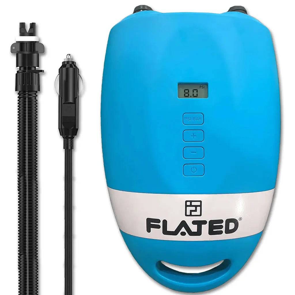 The FLATED ELECTRIC PUMPDC (OPEN BOX) is a blue and white dual motor air pump featuring a digital display, control buttons, a coiled black hose, and a car power adapter plug.