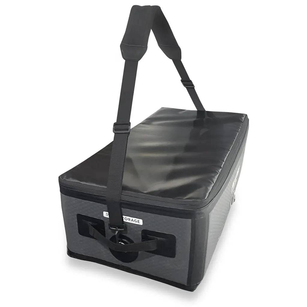 The FLATED SMALL-SIZE STORAGE3575 is a rectangular, black and gray soft storage bag with a padded shoulder strap, reinforced front handle, zippered top, and STORAGE label—ideal as an Air-Storage solution for your next road trip cabinet.