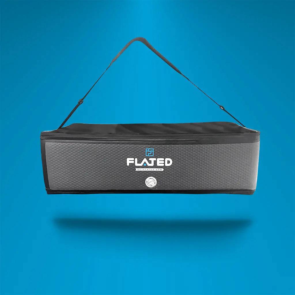 The FLATED SMALL-SIZE STORAGE3575 is a rectangular, black and gray soft storage bag with a padded shoulder strap, reinforced front handle, zippered top, and STORAGE label—ideal as an Air-Storage solution for your next road trip cabinet.