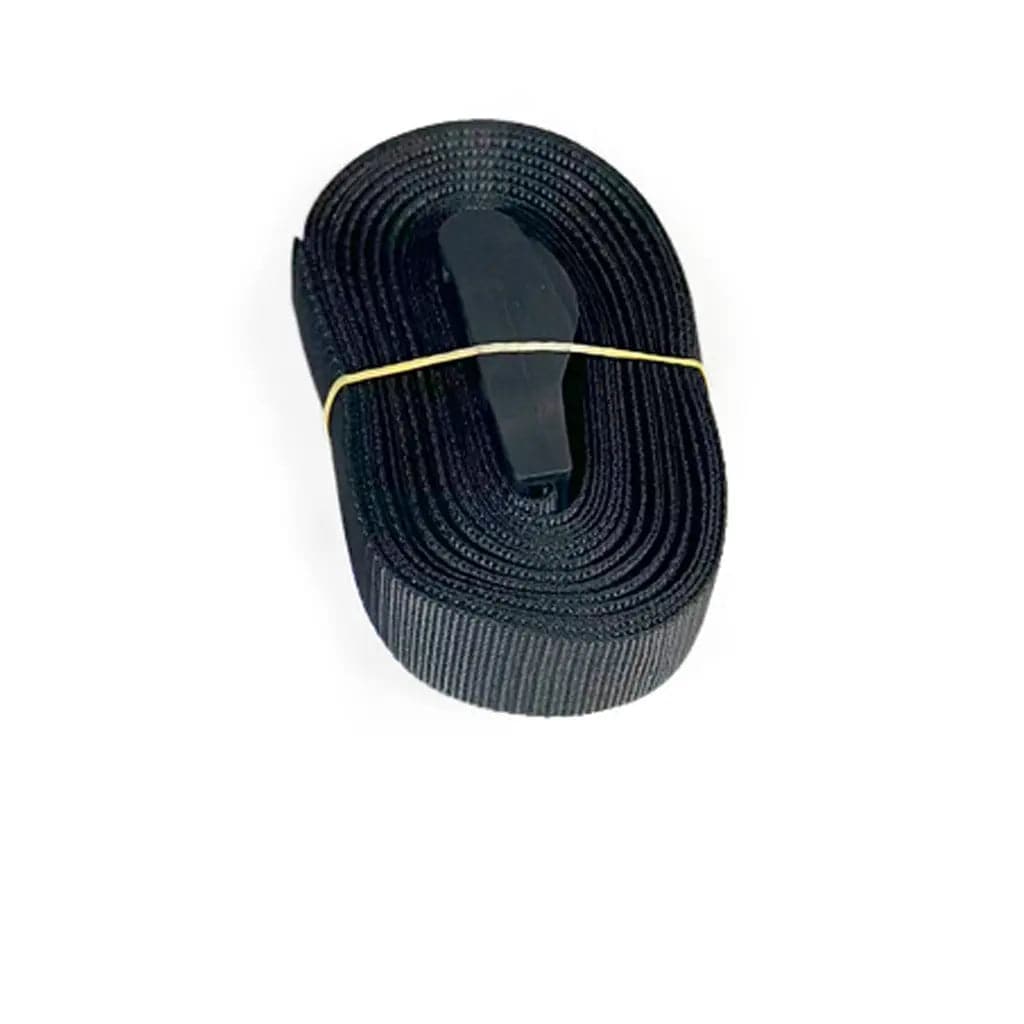The FLATED Tailgate Replacement Strap features a coiled black nylon design with a central plastic buckle, secured by a rubber band and displayed on a white background.