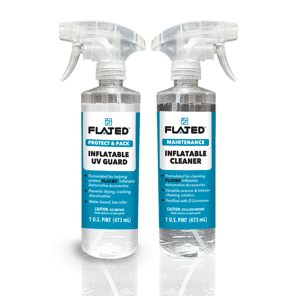 Two clear spray bottles labeled FLATED CLEAN & PROTECT, each 1 US pint (473 ml) with blue and white labels and trigger sprays, stand side by side—your essentials for inflatable care and UV protection.