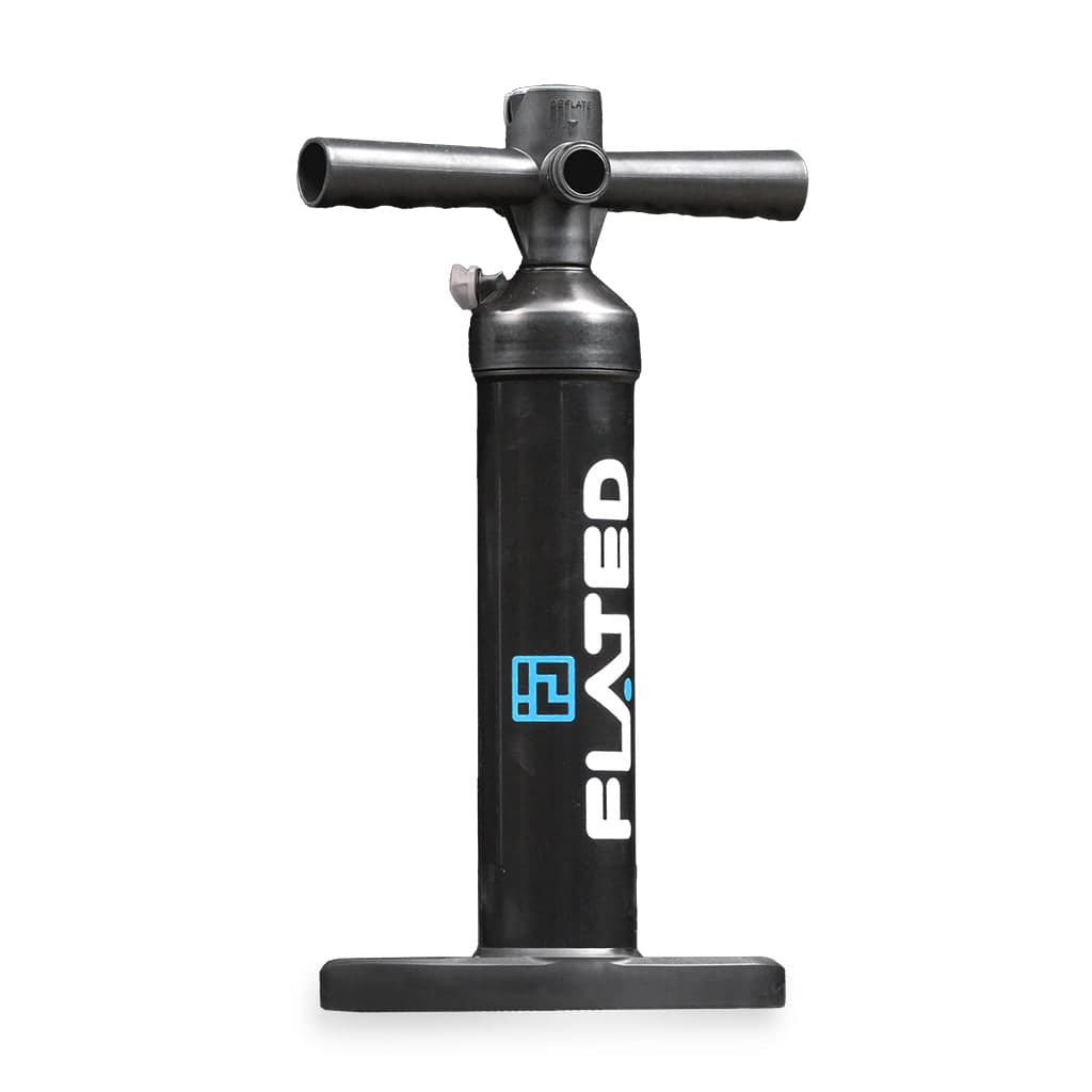 The FLATED COMPACT PUMPM is a black dual-action hand pump with two handles, a wide base, bold FLATED lettering, and a blue and white logo on the front—offering reliable and portable quick inflation.