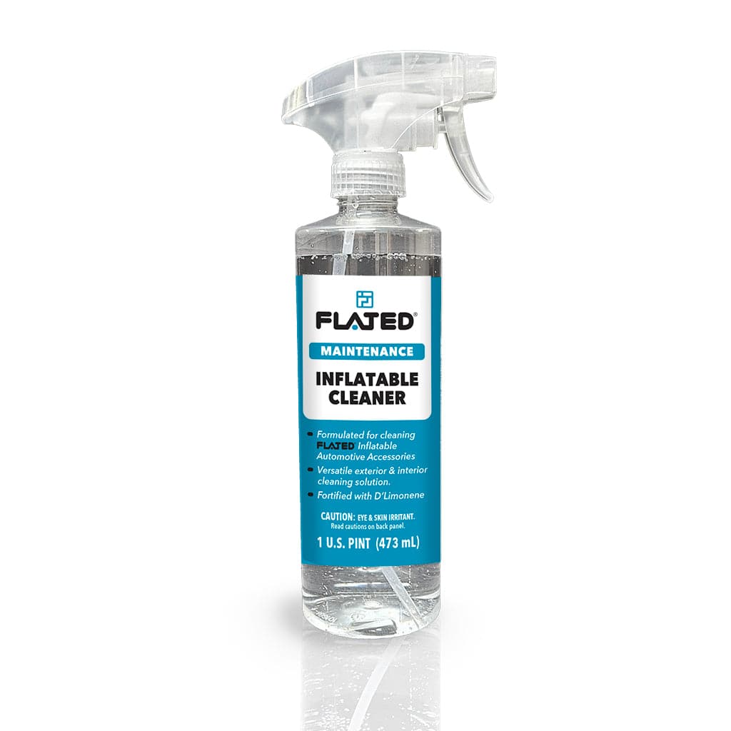 A clear 1 US pint (473 mL) FLATED INFLATABLE CLEANER spray bottle with a blue and white label, featuring a natural citrus formula for gear protection and an easy-to-use trigger nozzle.