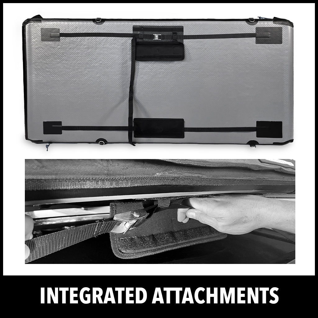 A foldable panel with black straps and attachments is shown; below, a close-up of hands securing a strap inside a compartment. Text at the bottom reads, INTEGRATED ATTACHMENTS.