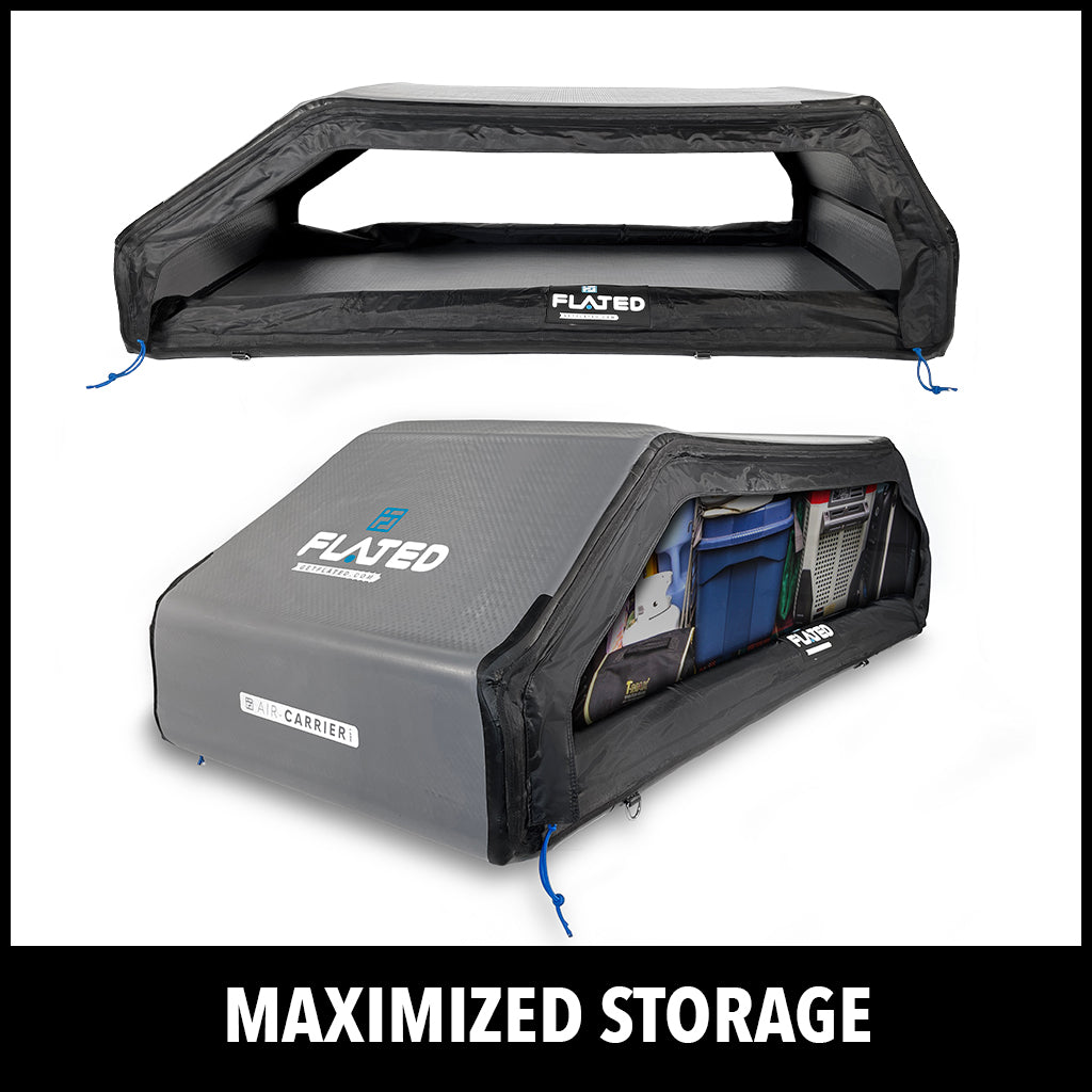 Two views of a rooftop cargo carrier; one empty and open, and one closed and filled with various storage bins and gear. Text at the bottom reads MAXIMIZED STORAGE.