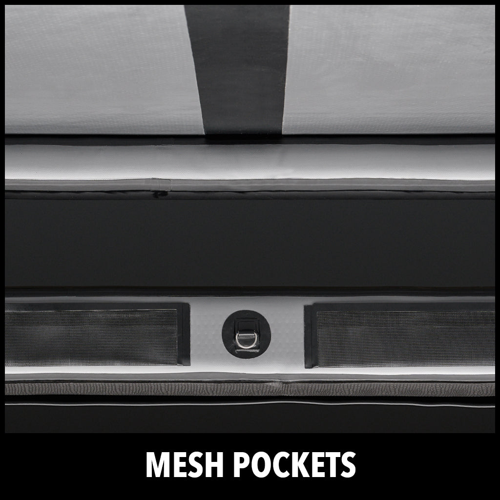 Close-up view of two rectangular mesh pockets with a small circular ring in between, attached to a fabric surface. The image has the label MESH POCKETS at the bottom in bold white text.