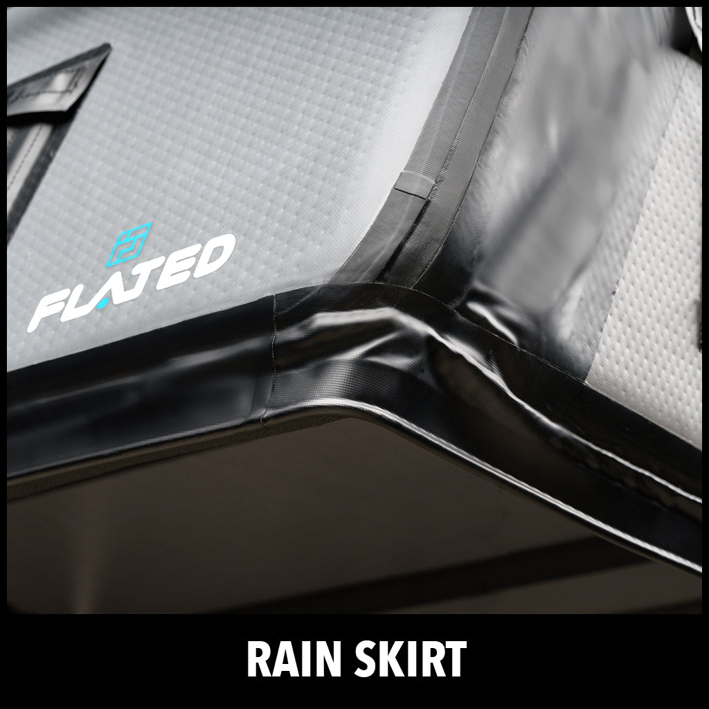 Close-up of a grey and black waterproof material with sealed seams and the FLATED logo, showing the edge of a tent or cover labeled “RAIN SKIRT” at the bottom of the image.