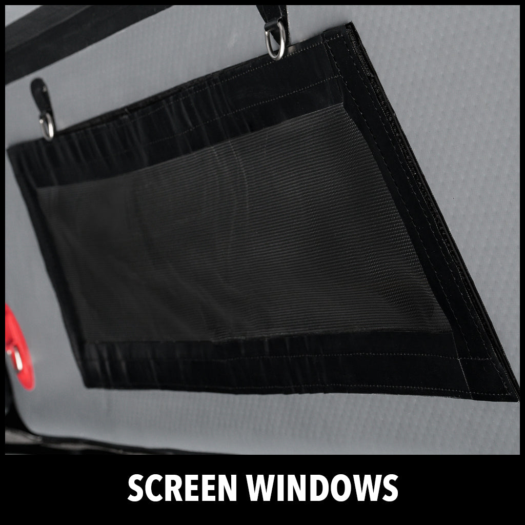 Close-up of a rectangular black mesh screen window attached to a gray fabric surface, with black trim and two hanging loops. The words SCREEN WINDOWS are displayed at the bottom.