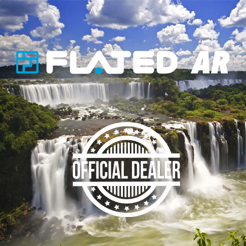 A scenic waterfall landscape with lush greenery under a blue sky with clouds. Overlaid are the Flated AR logo and a round Official Dealer badge in white.