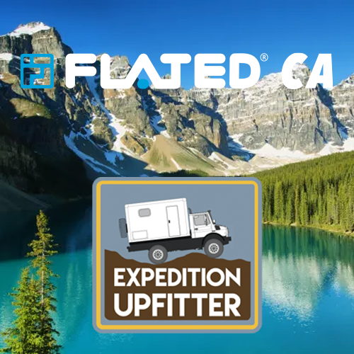 A mountain lake with pine forests and rocky peaks; FLATED CA text at top and a logo at center showing an expedition truck with EXPEDITION UPFITTER below.