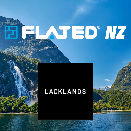 A scenic landscape with mountains, a waterfall, and a lake. The FLATED NZ logo is at the top, and a black square with the white LACKLANDS logo is in the center.