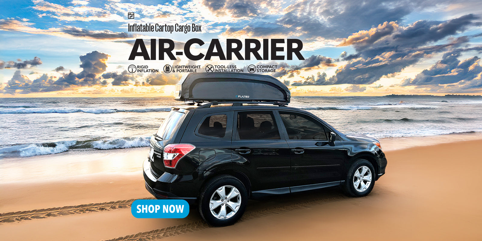 A black SUV with an inflatable rooftop cargo box is parked on a sandy beach at sunset under a partly cloudy sky. Text promotes the “Air-Carrier” cargo box, highlighting portability and easy installation. A blue Shop Now button appears.