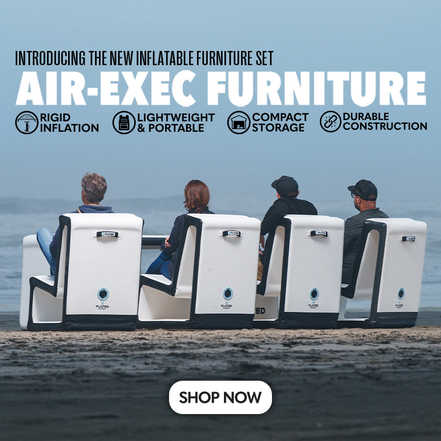 Four people sit on white inflatable chairs on a beach, facing the ocean. Text promotes “AIR-EXEC FURNITURE” as inflatable, lightweight, portable, compact, and durable. “Shop Now” button appears at the bottom.