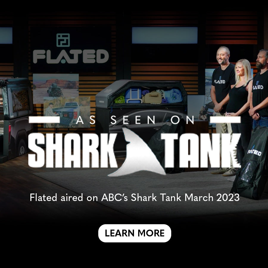 Four people stand on the Shark Tank set next to a truck showcasing Flated products. Text reads: “As seen on Shark Tank. Flated aired on ABC’s Shark Tank March 2023. Learn more.”.
