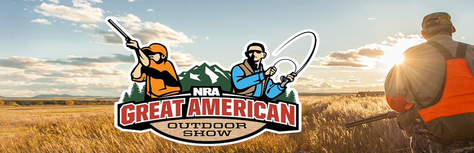 A person in hunting gear stands in a field at sunset, holding a gun. In the foreground is the NRA Great American Outdoor Show logo, featuring illustrated figures hunting and fishing against a mountain backdrop.
